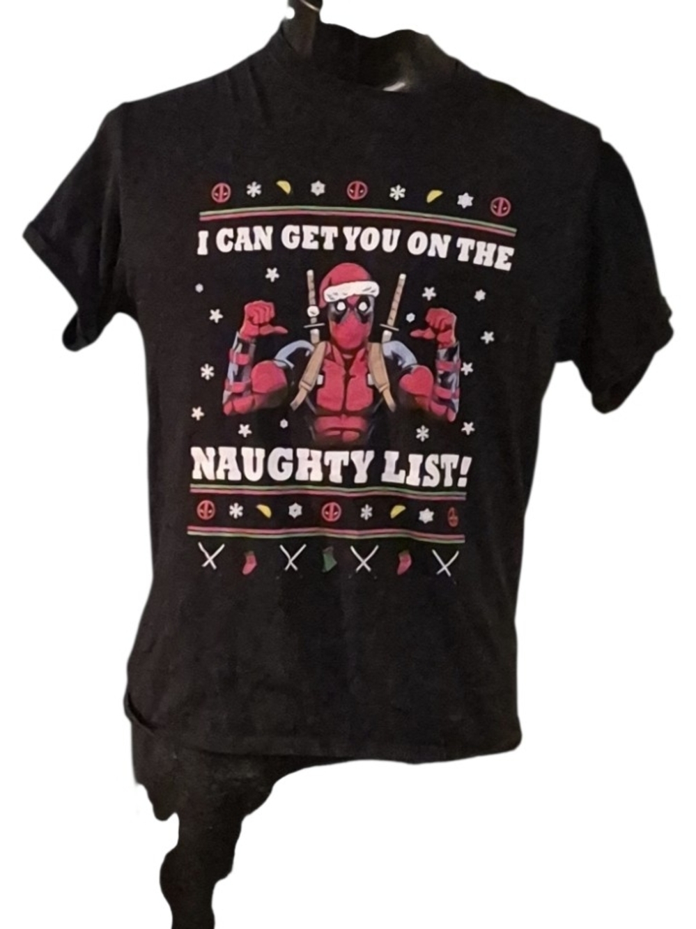 Marvel Black Deadpool Holiday Graphic Tee with Red, White, Green Accents